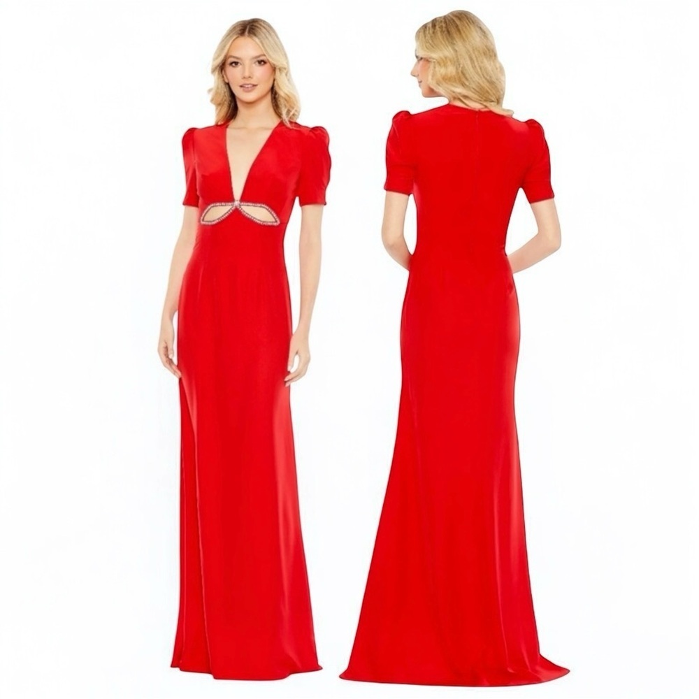 🌻NEW w.Tags MAC DUGGAL Red Neck Puff Sleeve Cut Out Gown Size 2 | $458 Retail